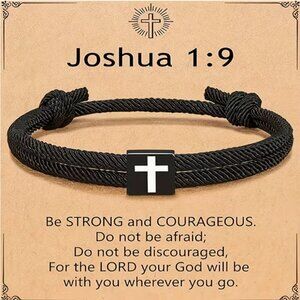 Joshua 1:9 Be Strong Stainless Cross Bracelet Adjustable Rope Gifts NWT Easter